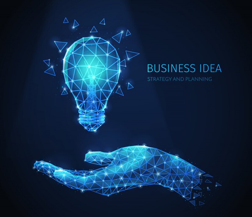polygonal-wireframe-business-strategy-composition-with-glittering-images-human-hand-incandescent-lamp-with-text_1284-32265
